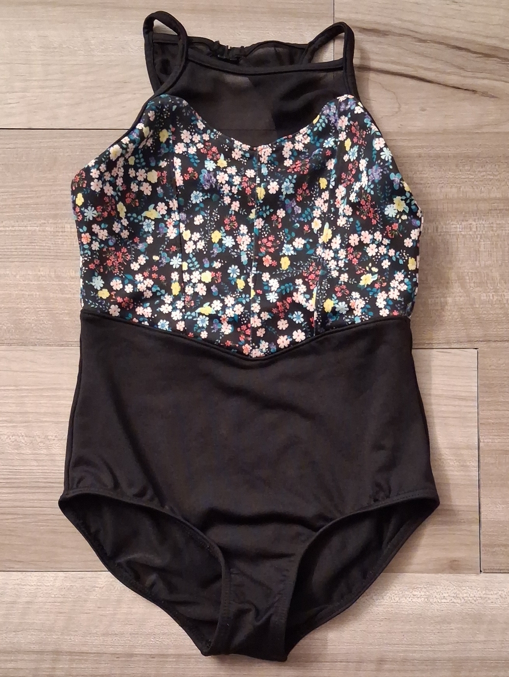 Mirella Black Vallet Leotard with Multicolor Floral Bodice Size Girls 6x-7 (N)